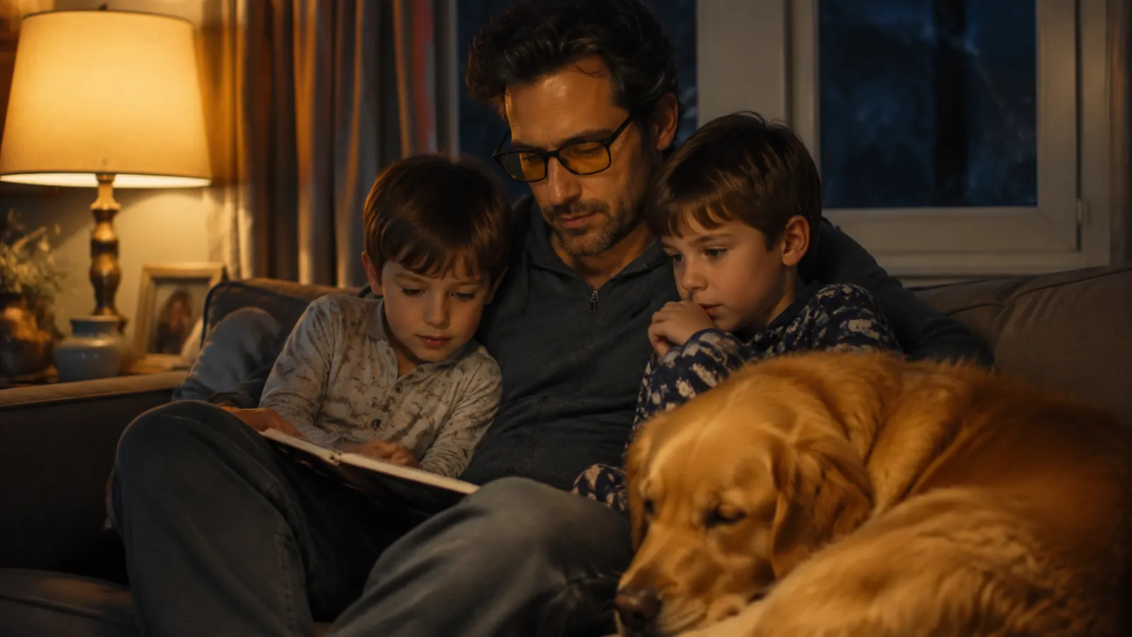Family sitting together on the couch in the evening, kids in pajamas, dad wearing tinted glasses