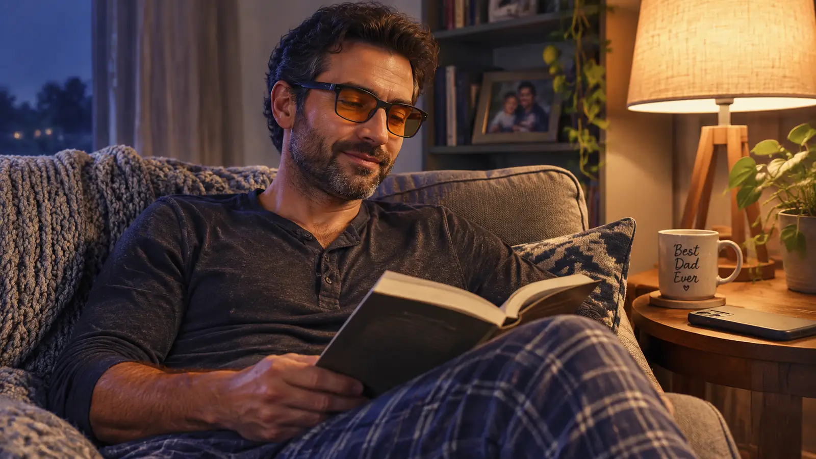 Man wearing amber-tinted blue light glasses while reading on the couch under a warm lamp
