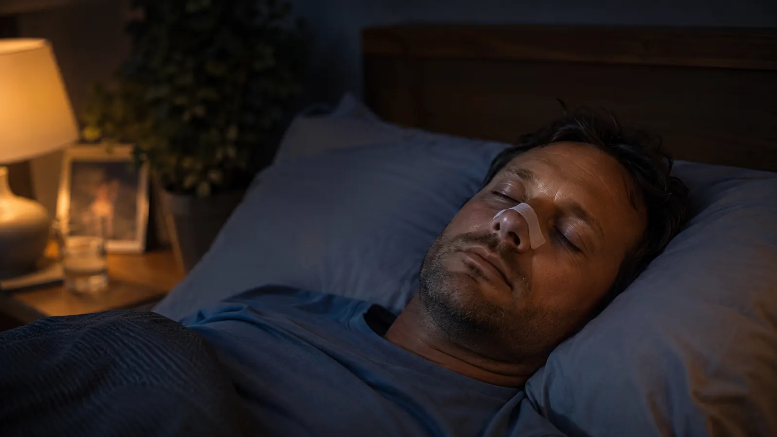 Dad asleep on his back with a clear nasal strip across the bridge of his nose in a dim bedroom