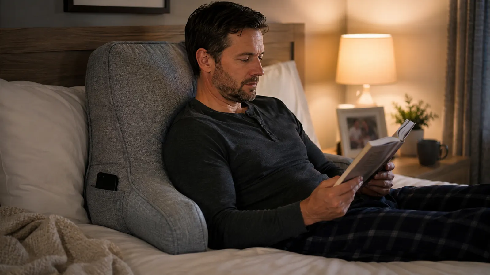 A reading pillow with arms folded and stored against the headboard during the day