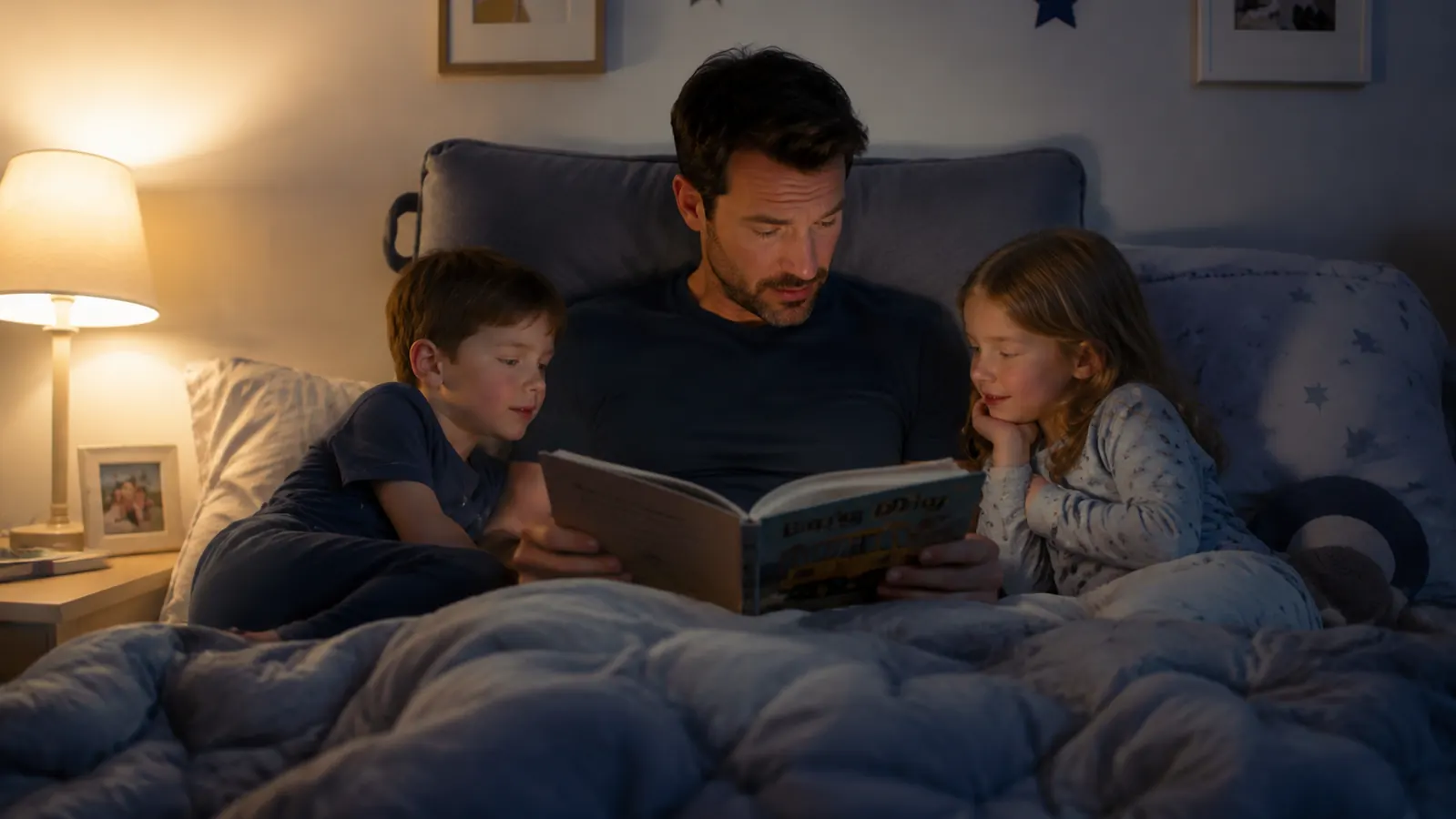 Man propped up on a reading pillow with arms against the headboard, reading to two kids in bed