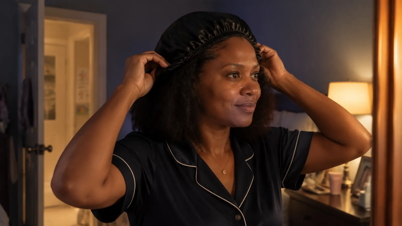 Woman tying on a silk sleep bonnet before bed in a softly lit bedroom