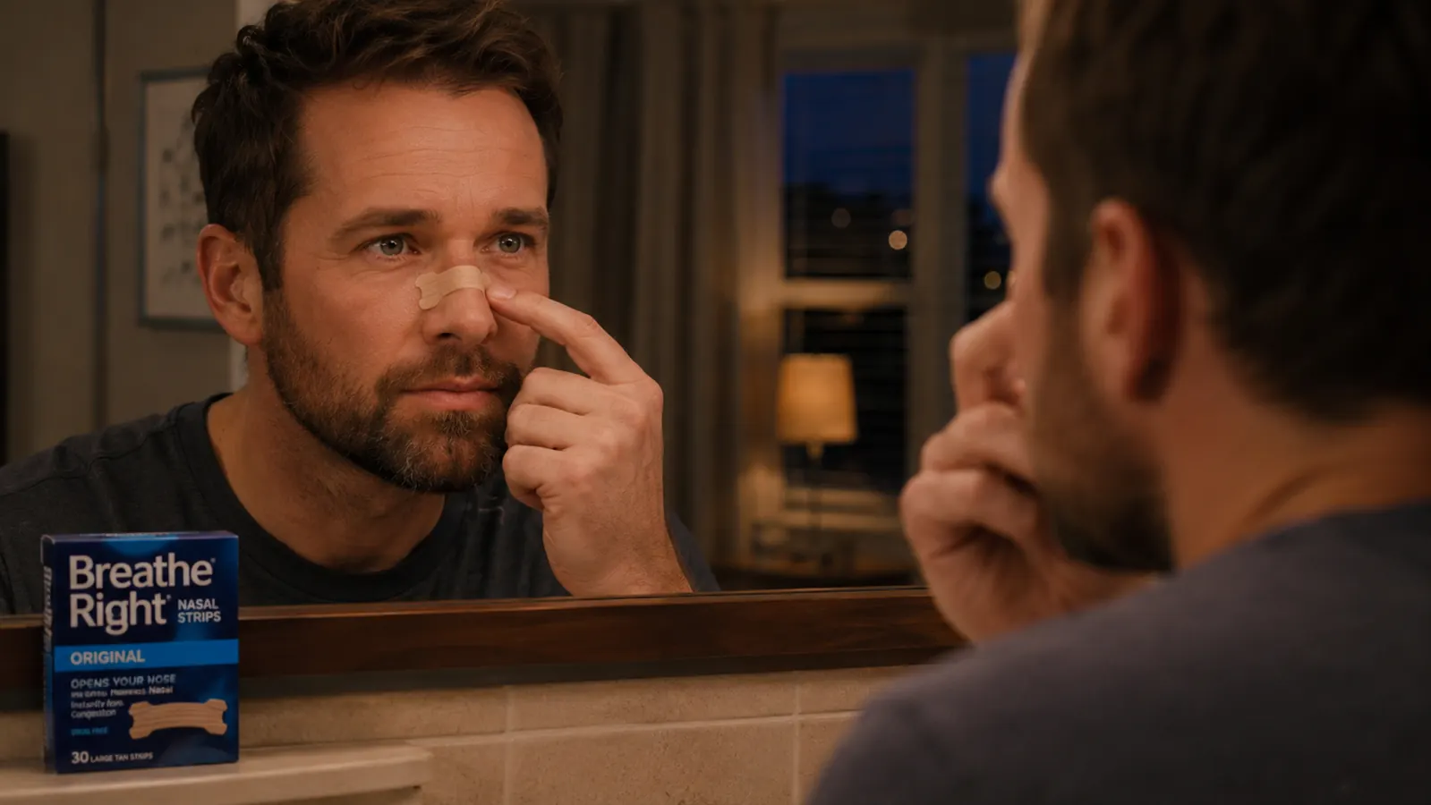 Close-up of a man applying a Breathe Right nasal strip across the bridge of his nose before bed