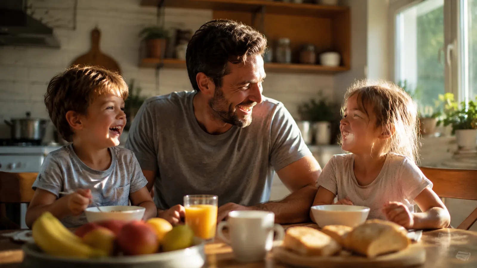 Dad and two kids laughing together over pancakes at a sunlit kitchen table