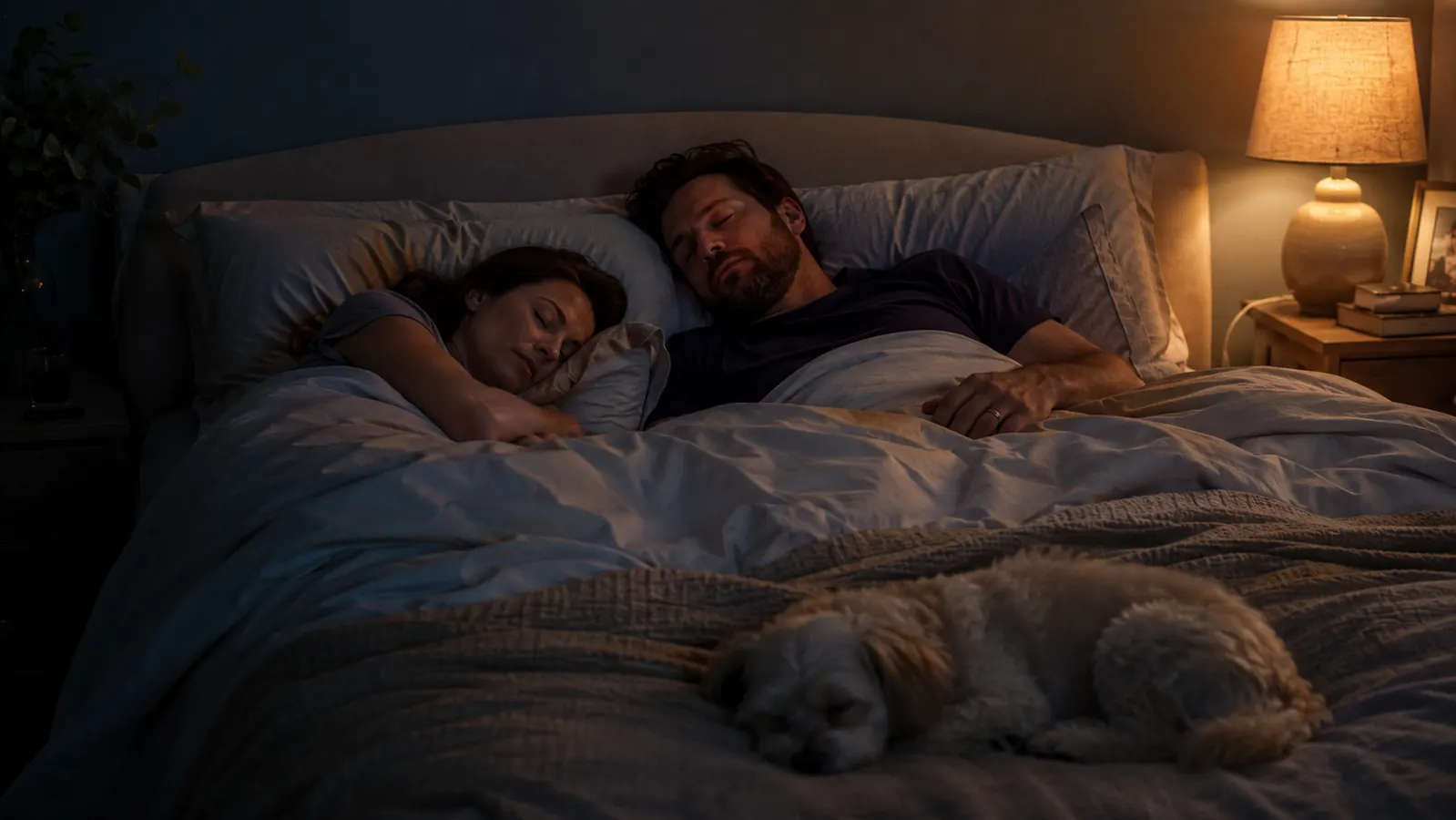 Man and woman asleep peacefully in bed at night with a small dog curled up nearby