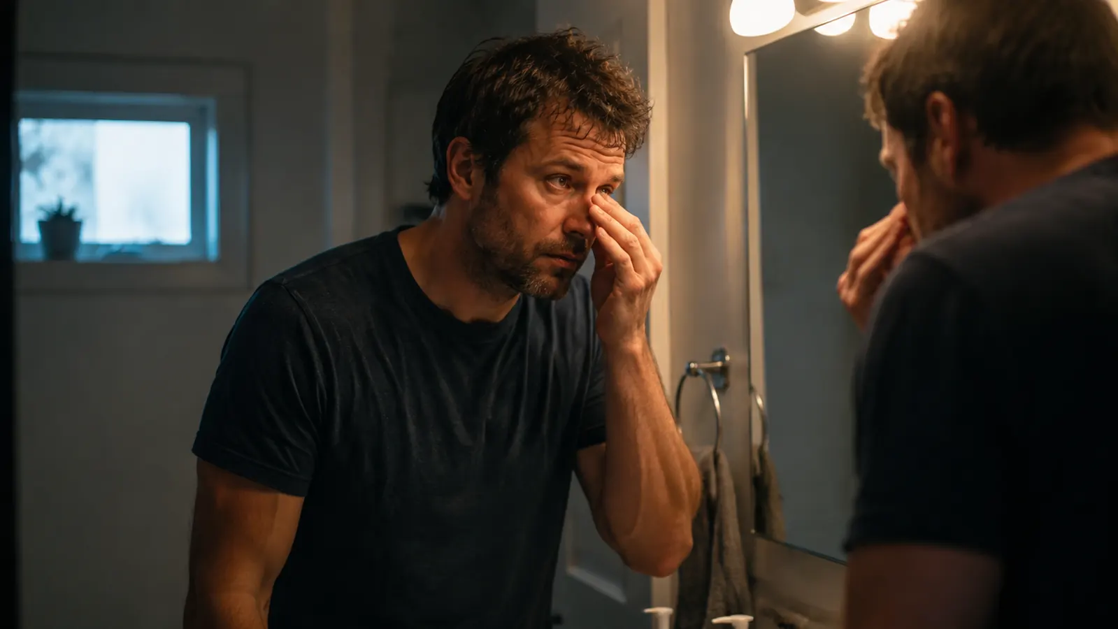 Man leaning close to a bathroom mirror in morning light, examining a faint red mark across the bridge of his nose