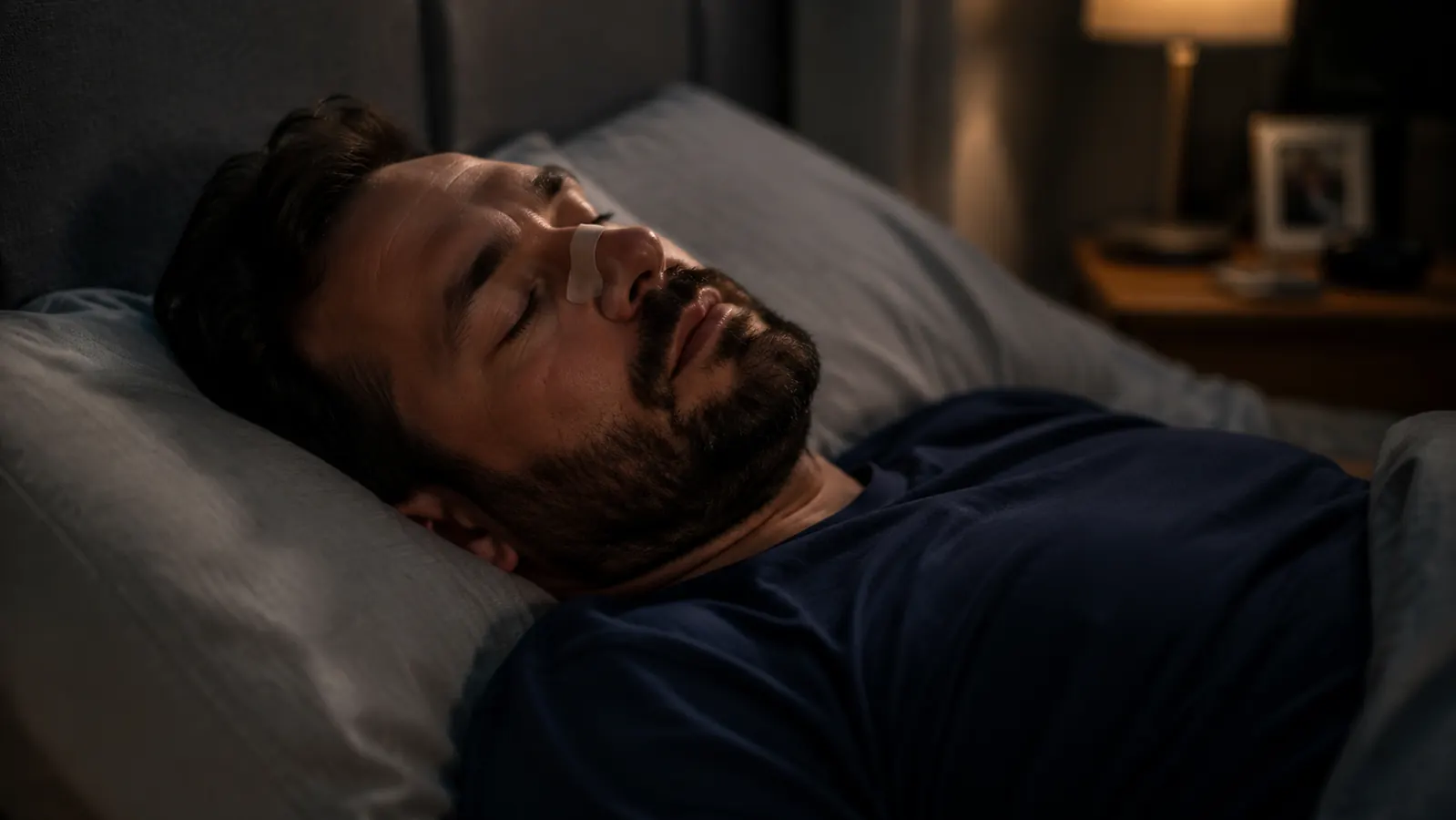 Man asleep on his back in a dim bedroom with a clear nasal strip visible across the bridge of his nose