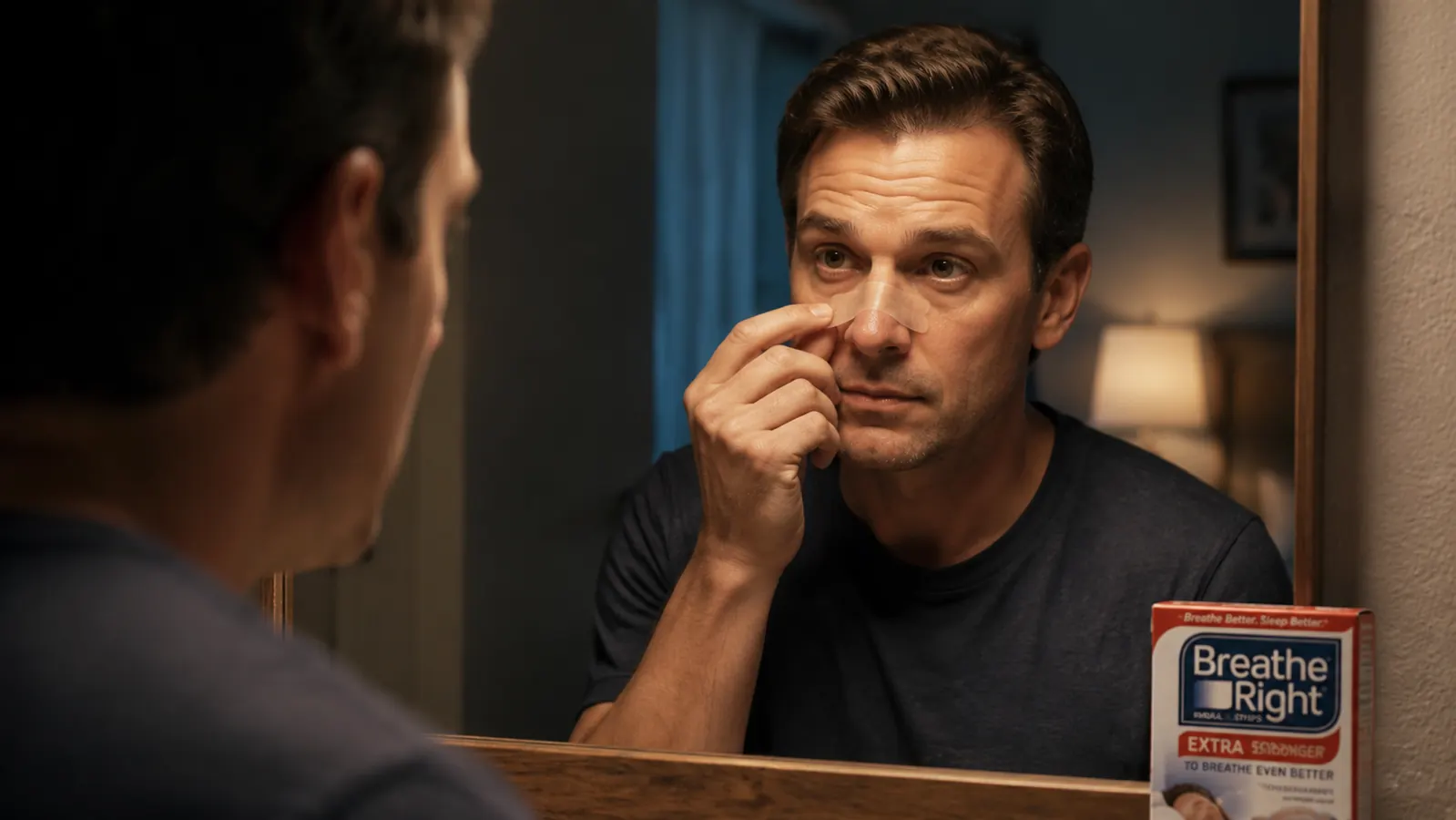 Hand pressing a Breathe Right nasal strip across the bridge of the nose in a bathroom mirror before bed