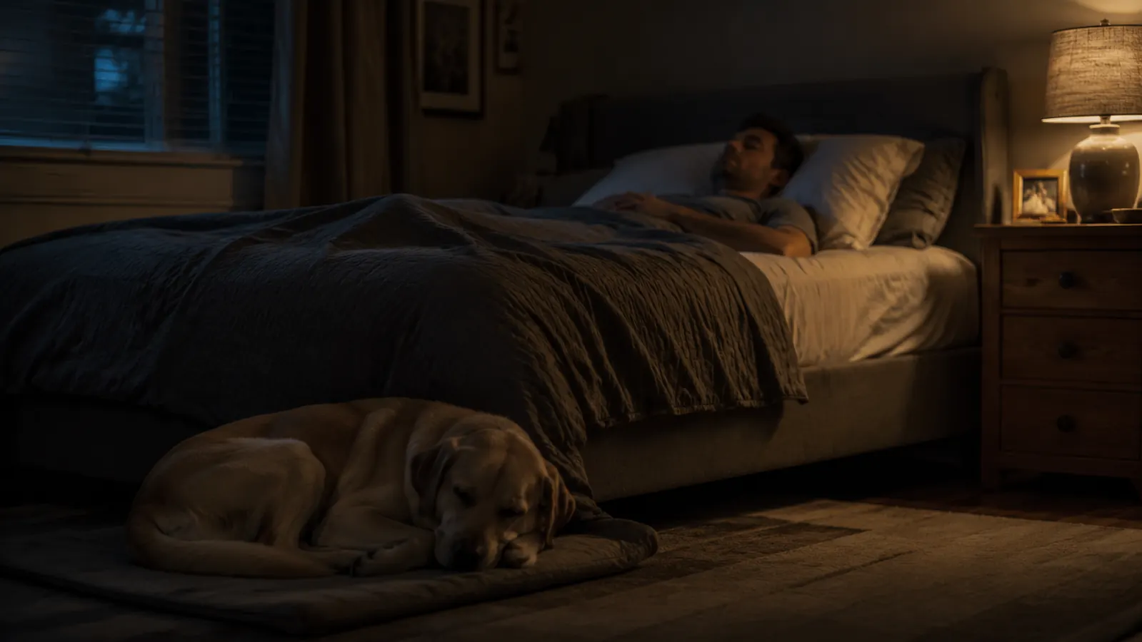 Man asleep on his back in a dim bedroom, dog curled at the foot of the bed, quiet suburban home at night