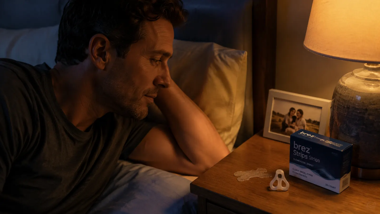 A clear external nasal strip and a small internal nasal dilator laid side by side on a nightstand next to a lamp