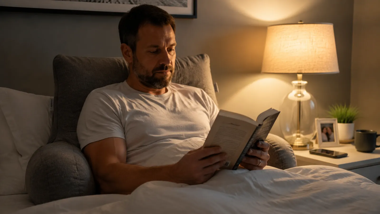 Dad sitting upright in bed against a grey armrest reading pillow, warm lamp light, two kids' picture books stacked on the nightstand