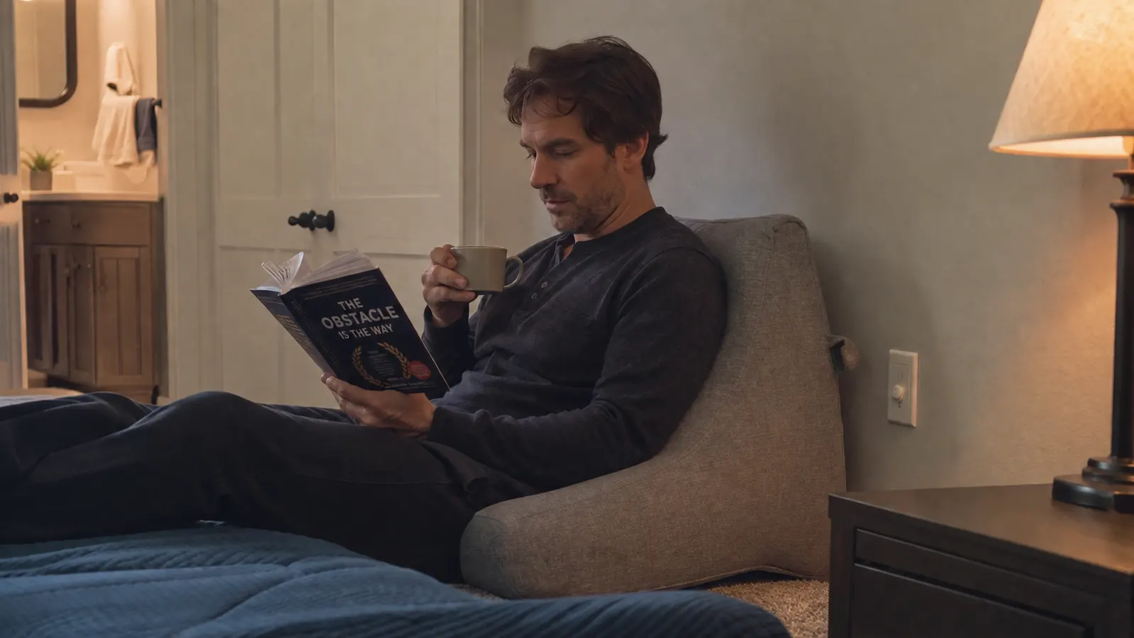 Grey ComfortSpa reading pillow leaning against a bedroom wall next to a closet, taking up visible floor space