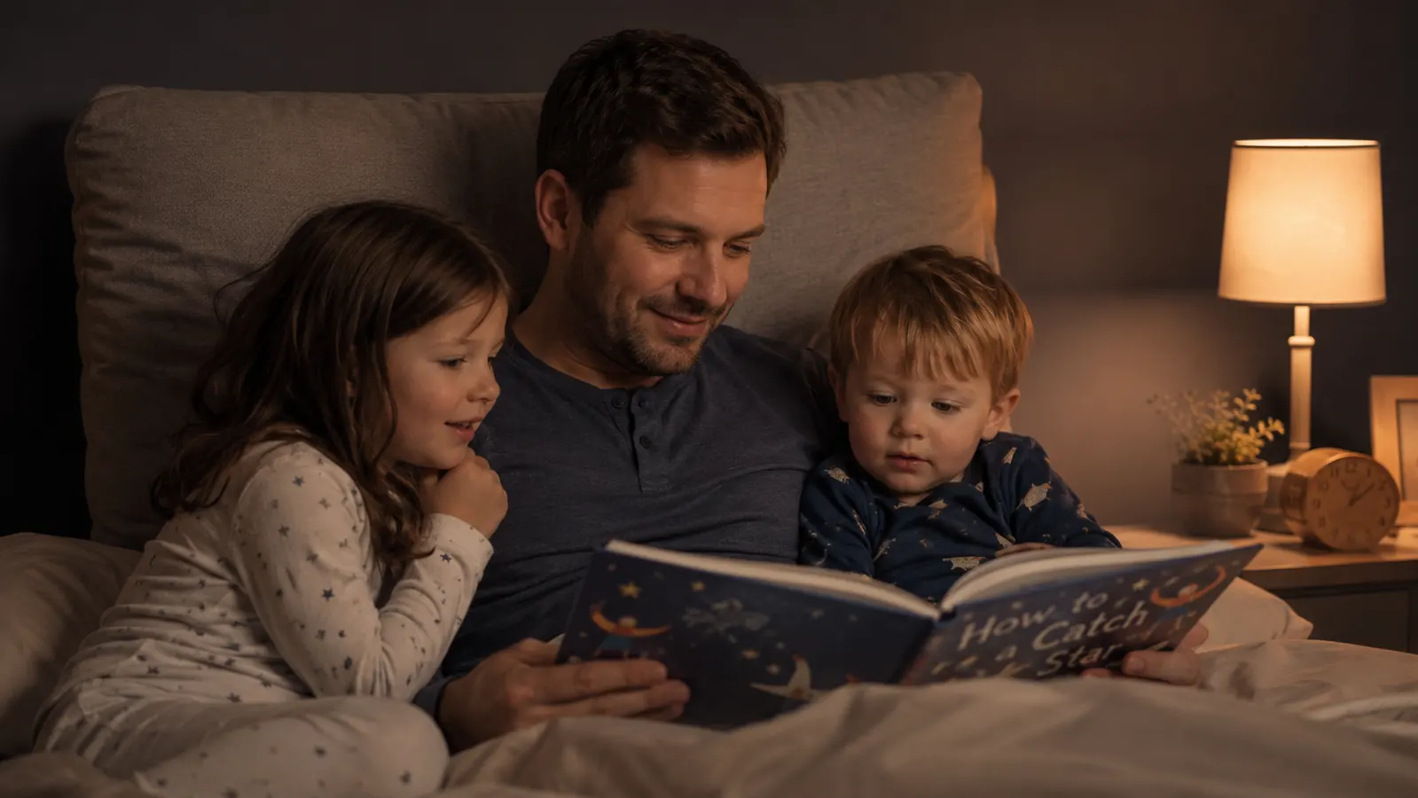 Dad reading a picture book to two young kids while sitting up in bed against an armrest pillow, both kids leaning in close