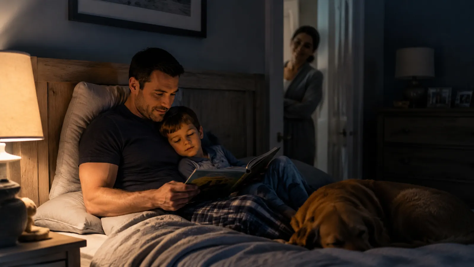 Father reading in bed propped against an armrest pillow with a young daughter leaning against his side and a dog curled at the foot of the bed