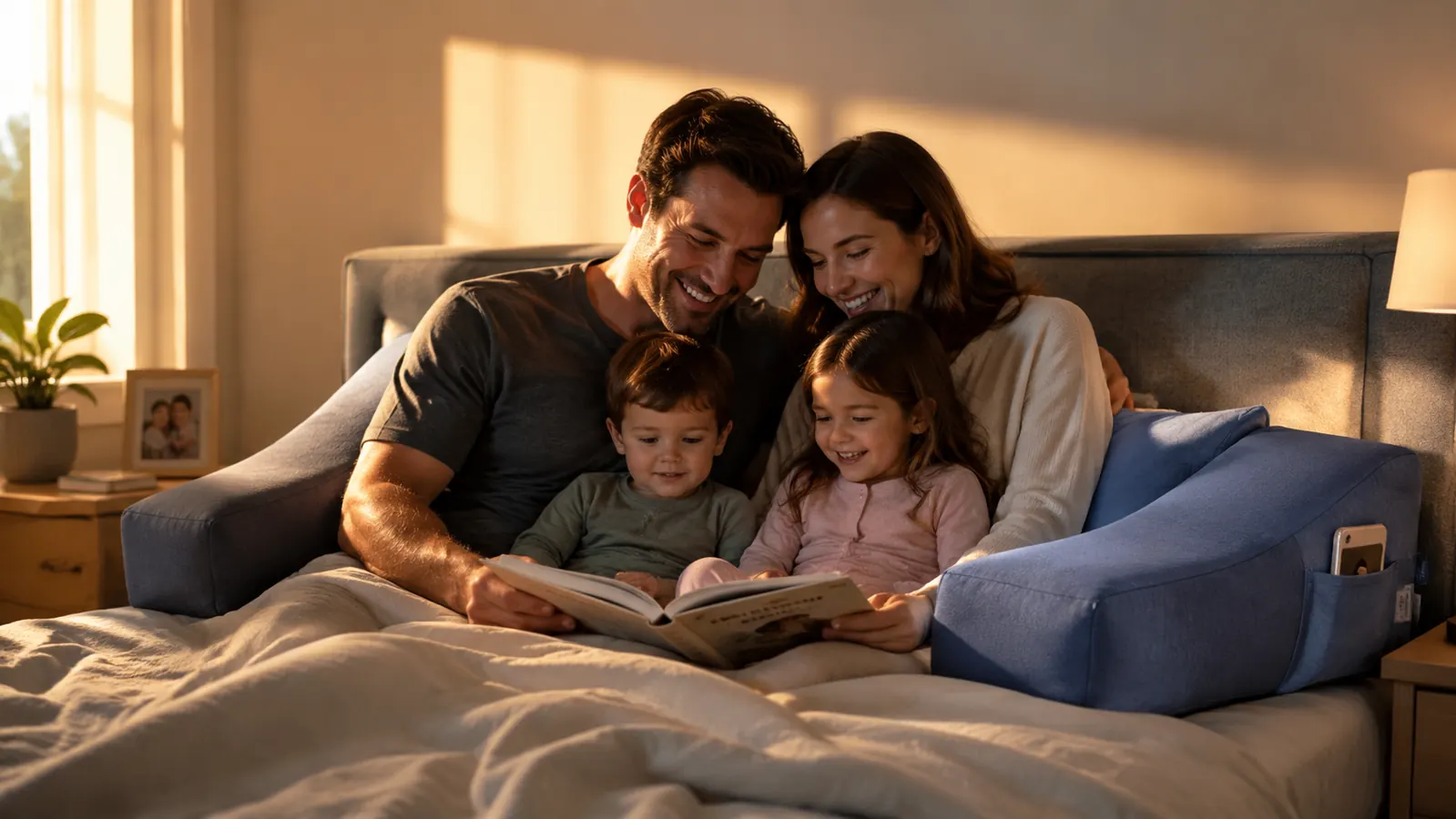 ComfortSpa reading pillow and a classic husband pillow with arms sitting side by side on a neatly made bed in soft morning light