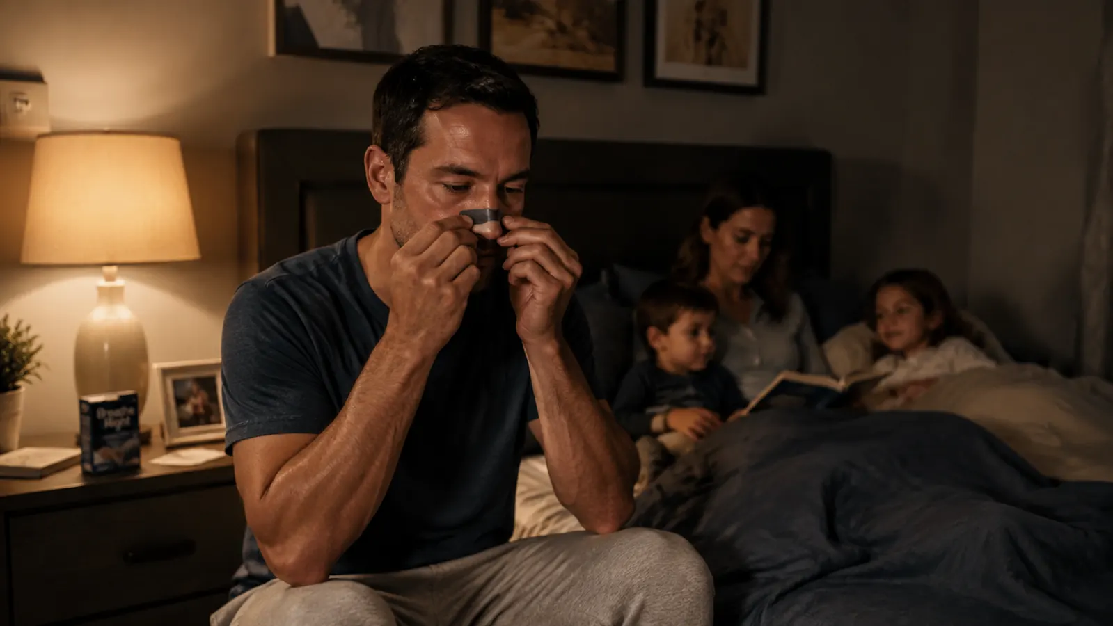 Man sitting on the edge of a bed pressing a clear nasal strip across the bridge of his nose before turning off the lamp