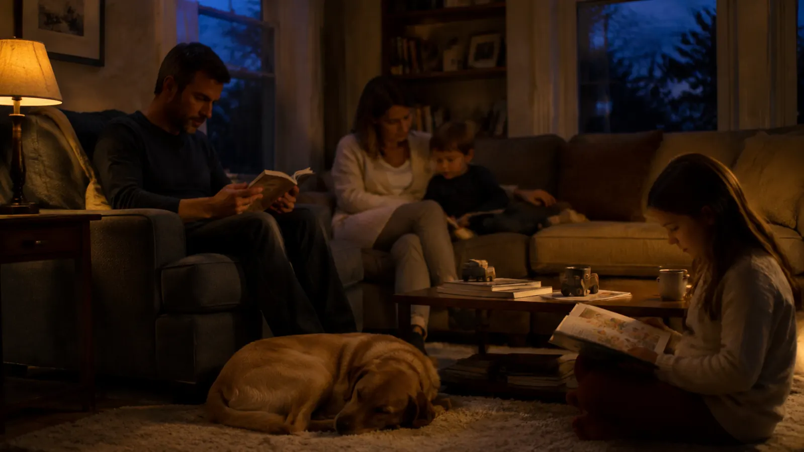Family living room at dusk with lamps on, dog curled up on the rug, dim wind-down atmosphere before bedtime