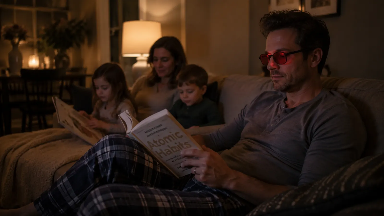 Man wearing red-lens blue light blocking glasses reading on the couch in a dim living room in the evening