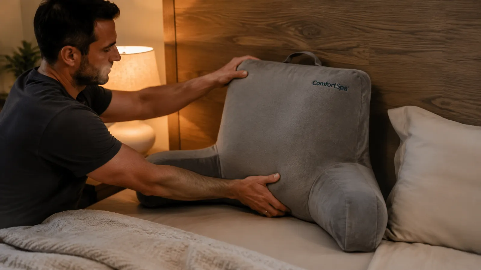 Hands positioning a grey reading pillow with arms against a wooden headboard before getting into bed