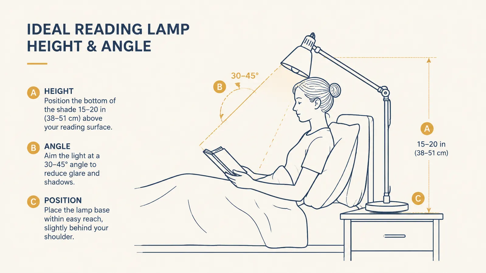 Simple diagram-style illustration showing correct book light and lamp placement above and to the side of a person reading upright in bed