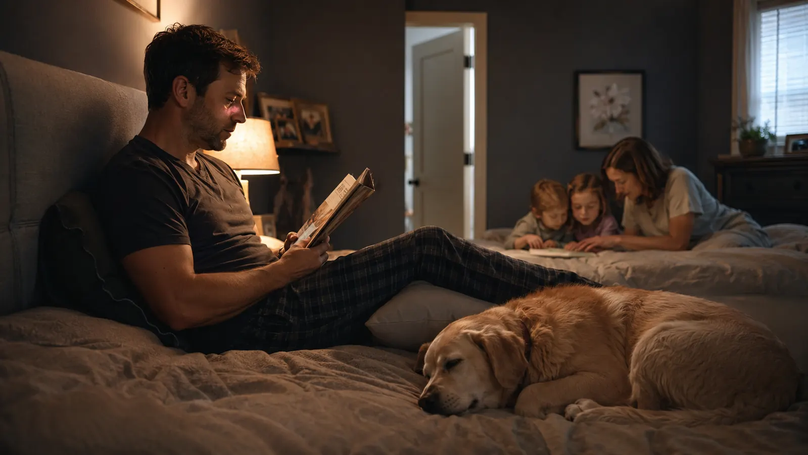Dad sitting up in bed reading a paperback with knees propped on a small pillow, dog curled at the foot of the bed