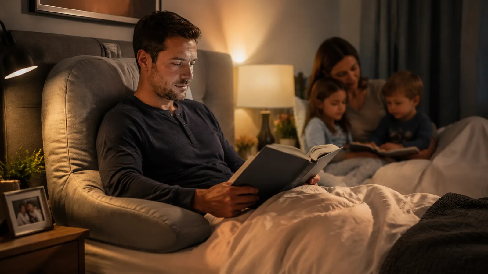 Man sitting upright in bed against a grey armrest reading pillow, forearms resting on the arms, book open, warm lamp light