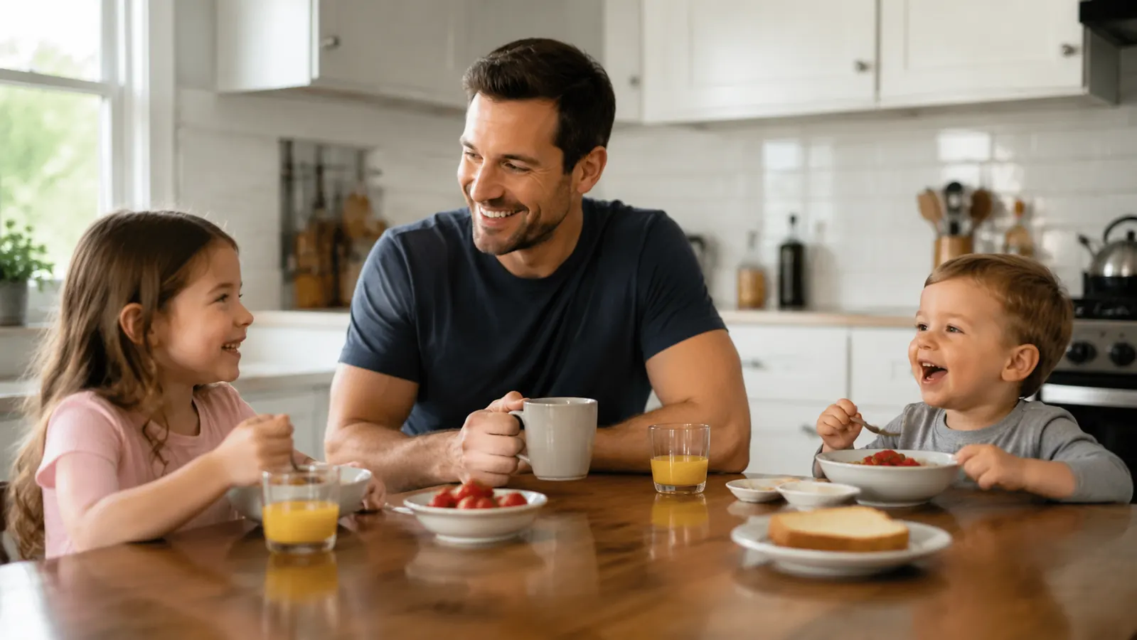 A father and his two young kids eating breakfast at a kitchen table on a bright morning