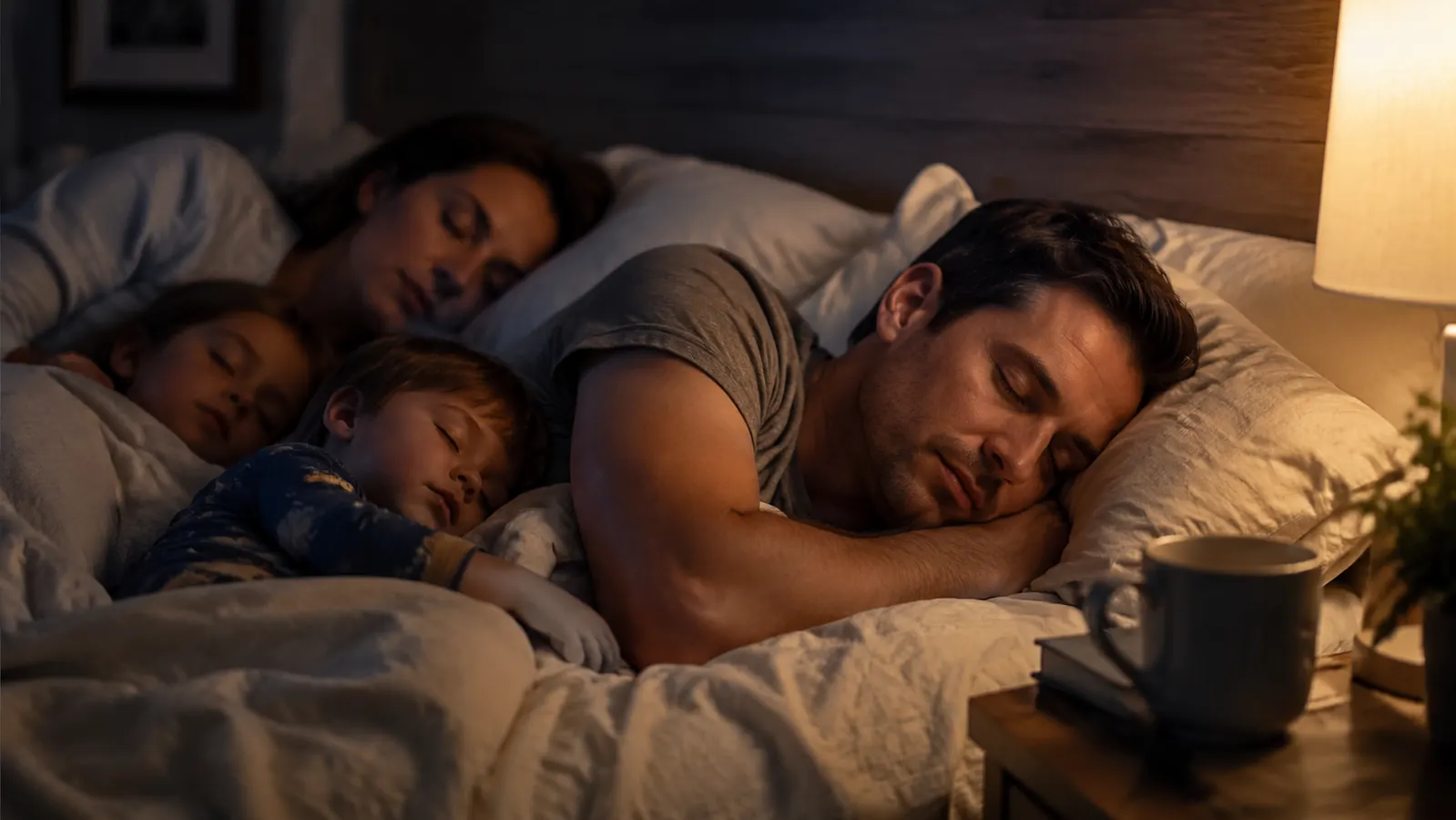 A man asleep on his side in a dim bedroom with a small strip of tape over his closed lips