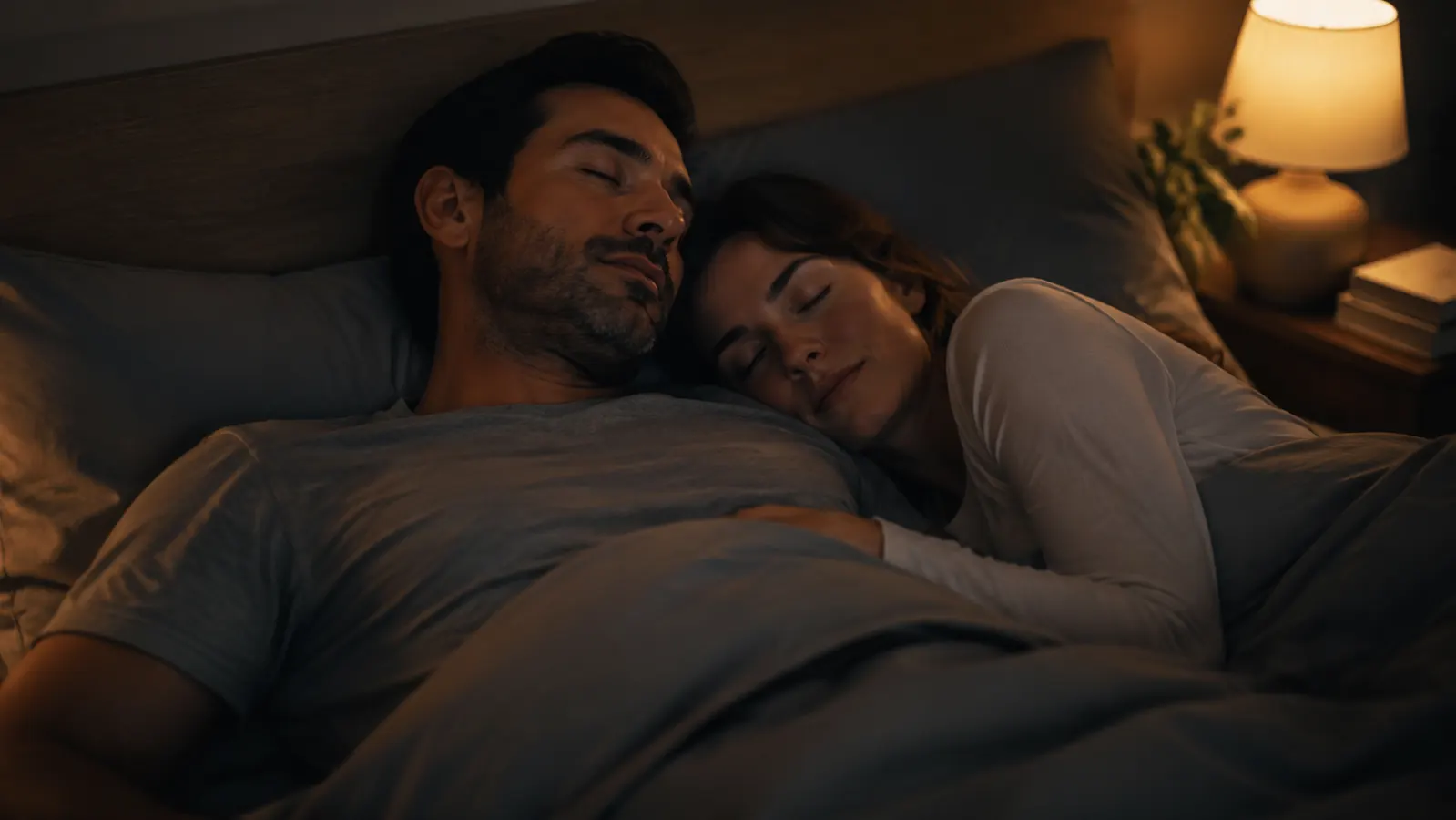 Husband and wife asleep peacefully side by side in bed at night with a soft lamp glow