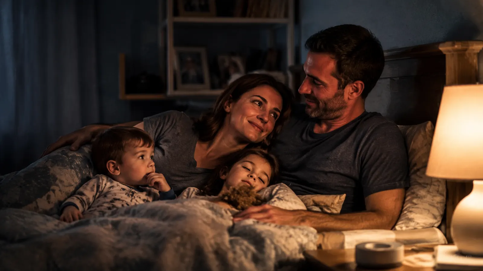 Dad kissing his wife goodnight in bed before turning off the lamp, roll of tape visible on the nightstand
