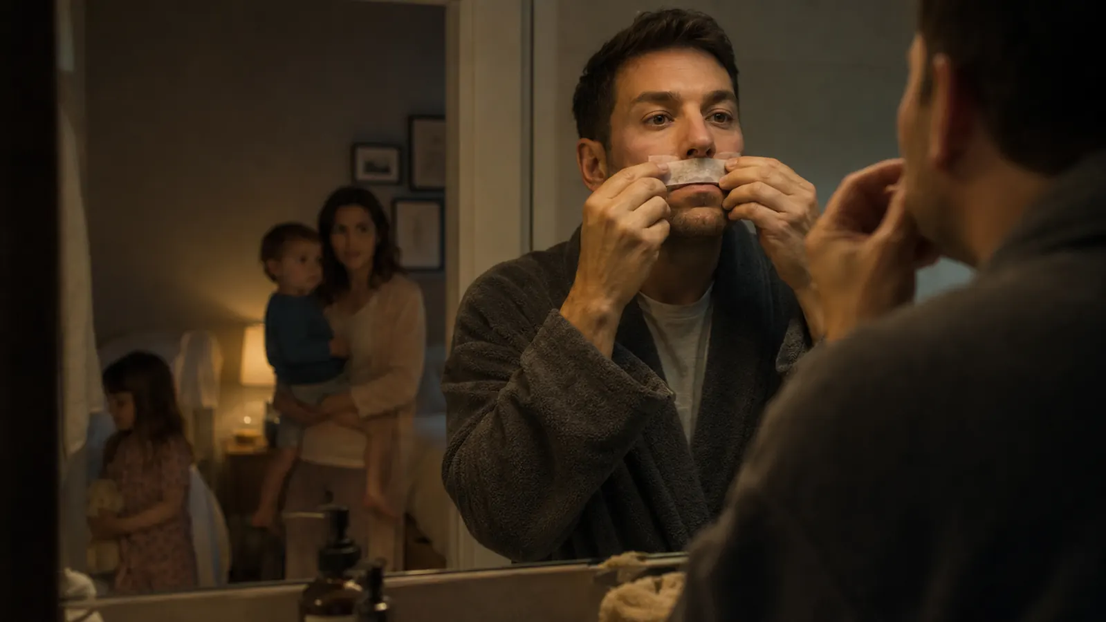 Man standing in a dim bathroom holding a strip of tape up near a mirror, slightly self-conscious expression