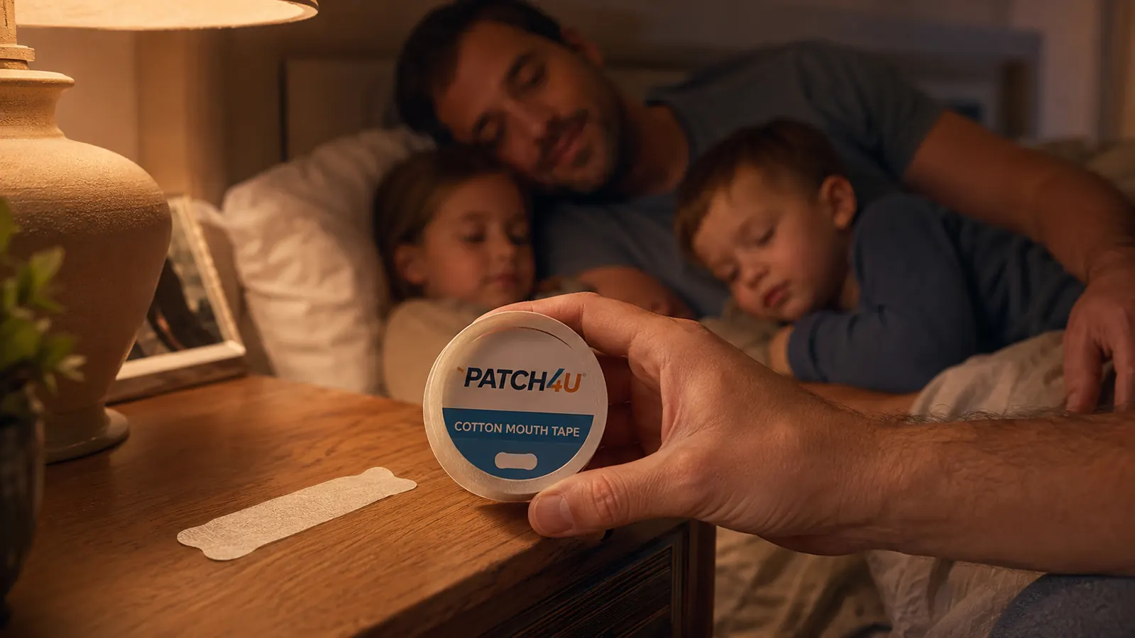 Hand holding a roll of PATCH4U tape next to a pre-cut strip on a nightstand beside a glass of water