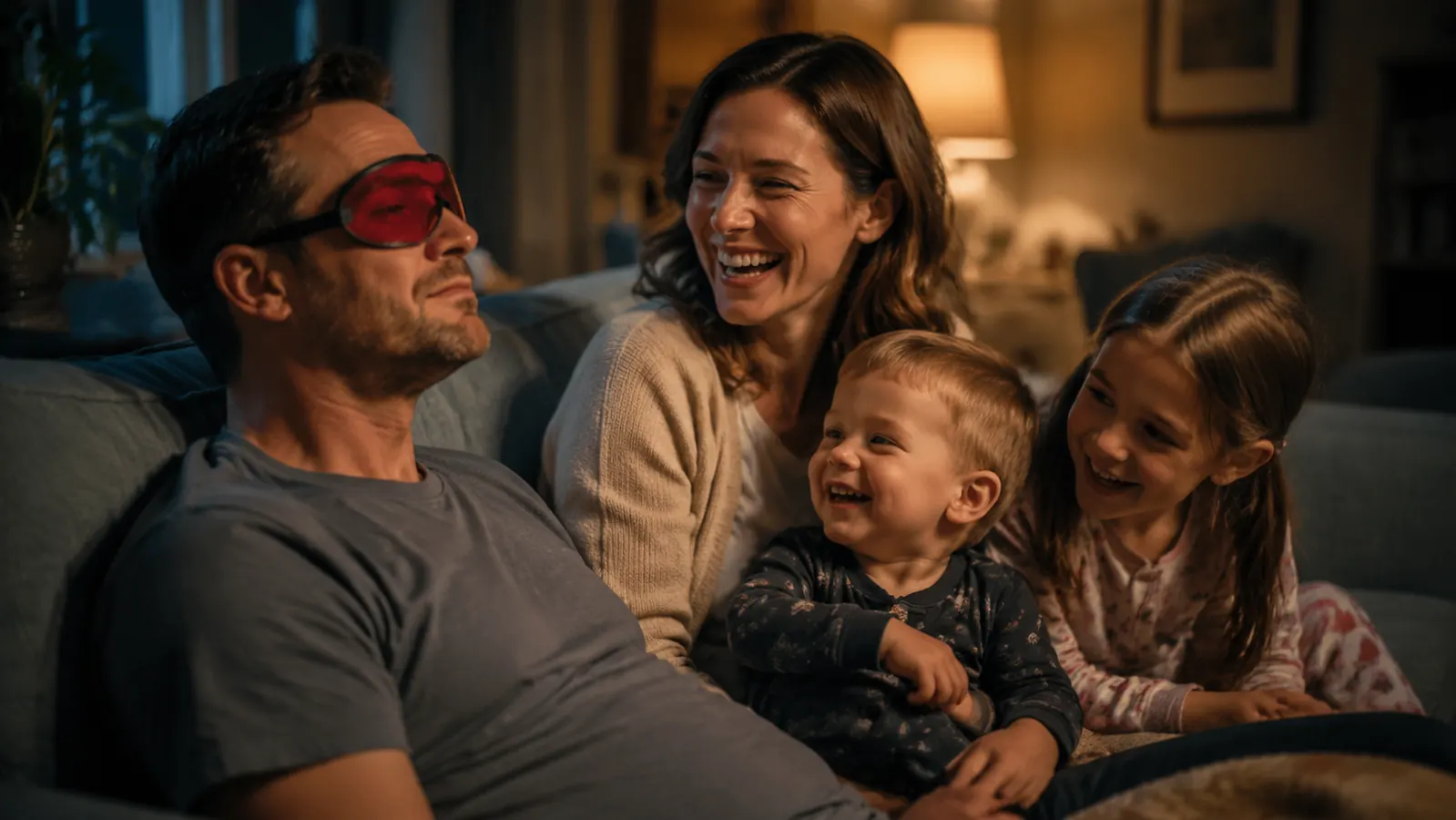 Wife laughing at her husband wearing red-tinted sleep glasses on the couch while two kids giggle nearby