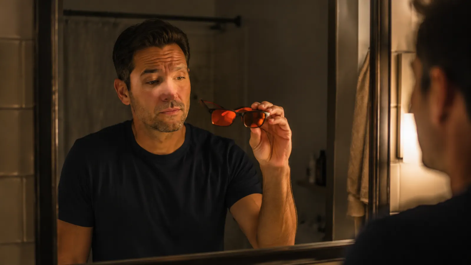 Man examining a pair of red-tinted sleep glasses in a bathroom mirror with a skeptical expression