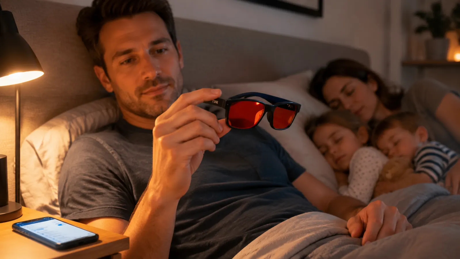 Hand holding a pair of TIJN red-lens sleep glasses next to a phone and a bedside lamp