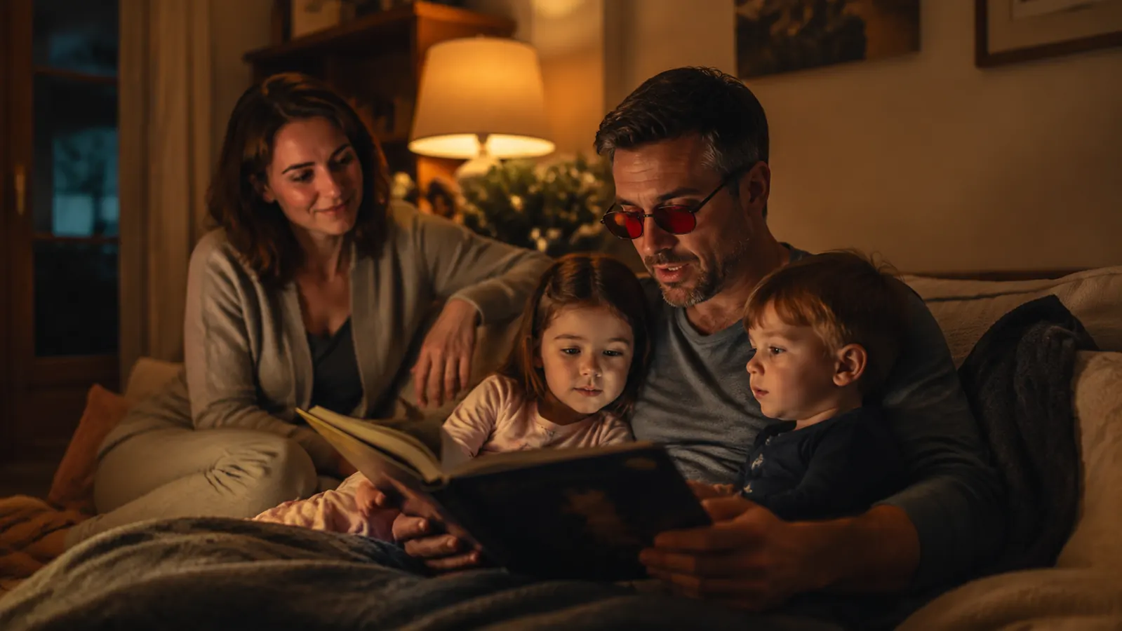 Family of four in a dim living room in the evening, dad wearing red sleep glasses while reading to two young kids