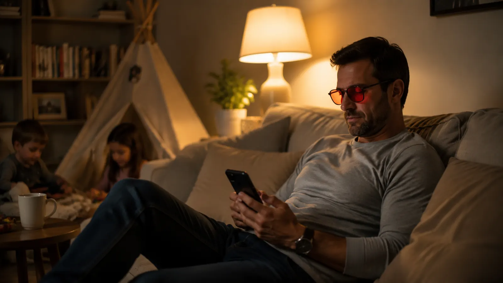 Man sitting on a couch in a dim living room wearing red-lensed sleep glasses while scrolling a phone
