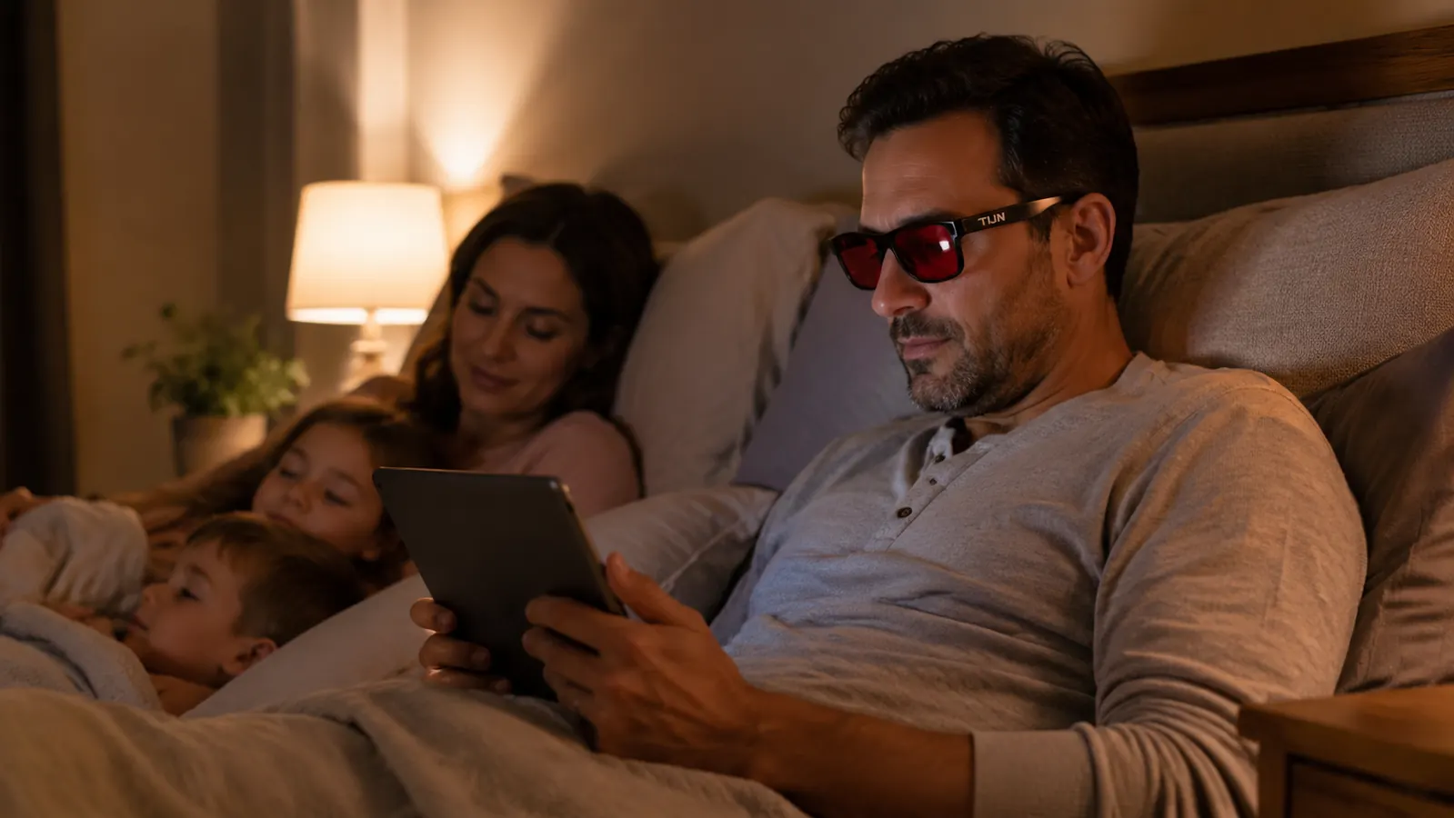 Man in bed wearing red tinted TIJN sleep glasses while reading on a tablet before turning off the light