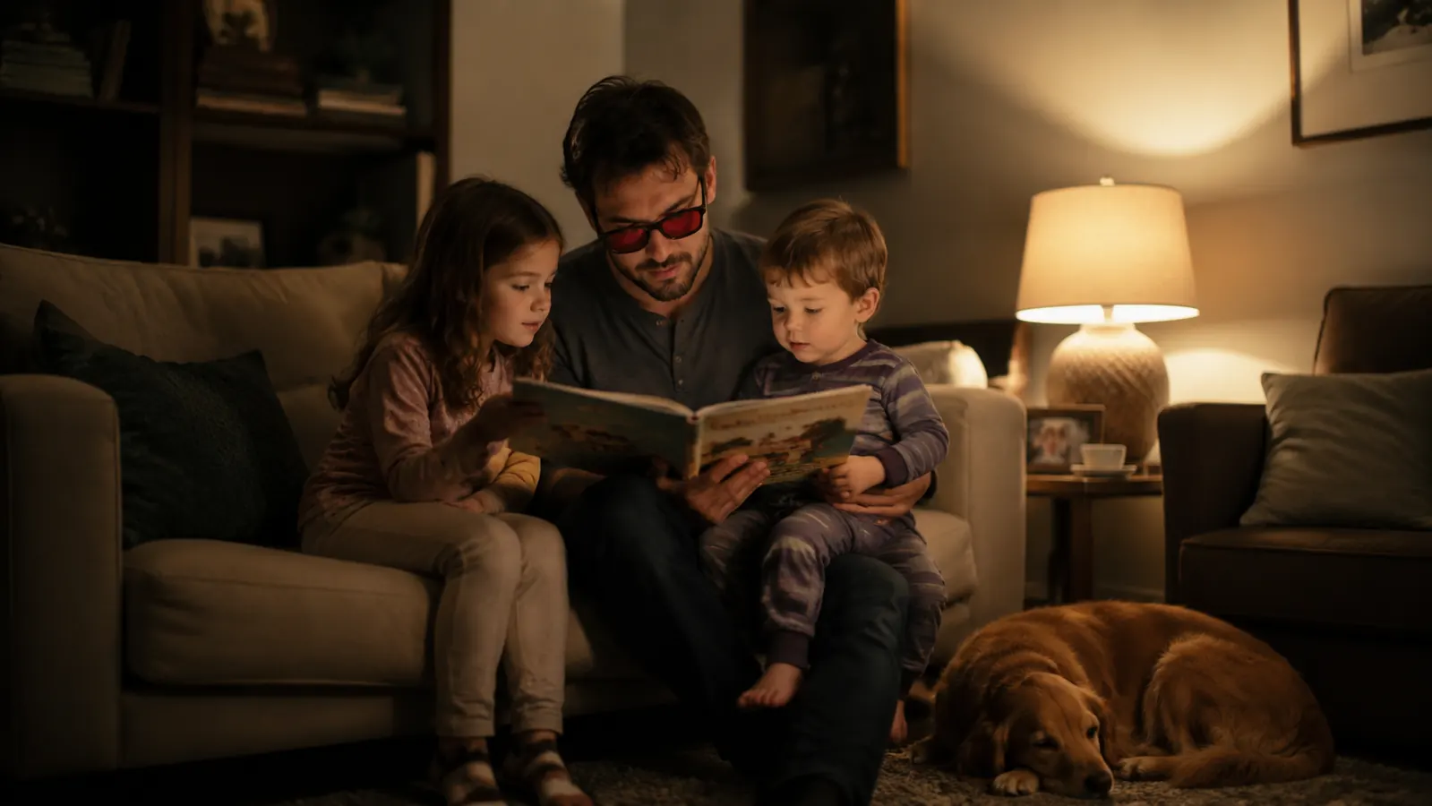 Father sitting in a dim living room reading a bedtime story to two kids while wearing red tinted glasses, dog curled nearby on the rug