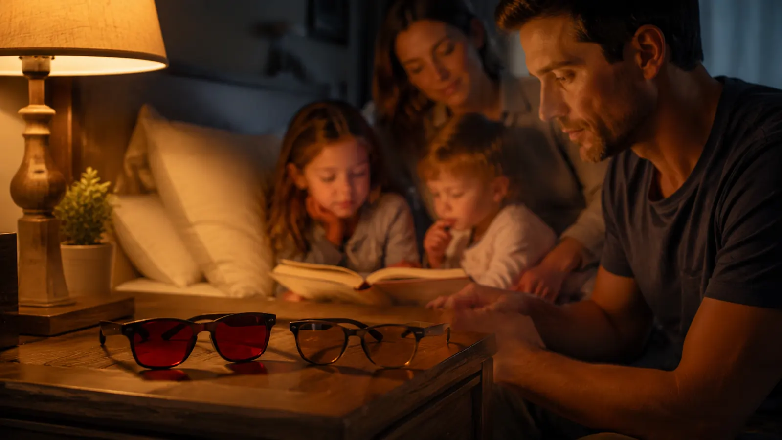 TIJN sleep glasses with red tinted lenses and a pair of amber Gunnar computer glasses sitting side by side on a nightstand next to a lamp