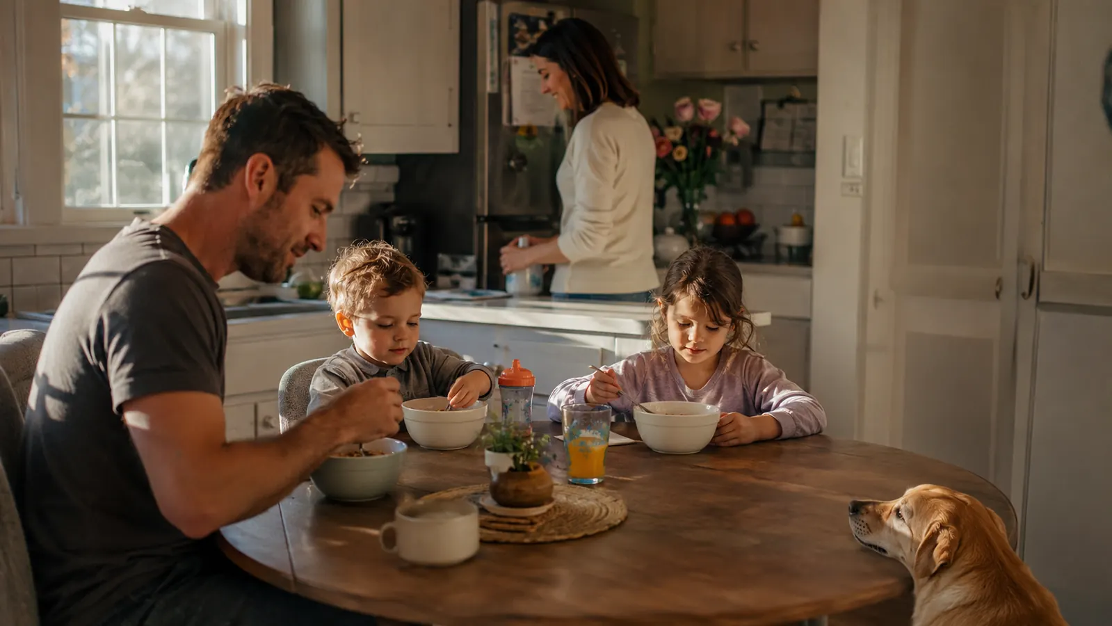 Family kitchen table on a Sunday morning with kids eating breakfast