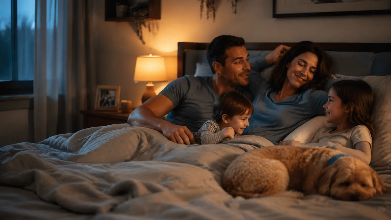 Woman waking up with smooth, protected curls next to a nightstand and soft morning light