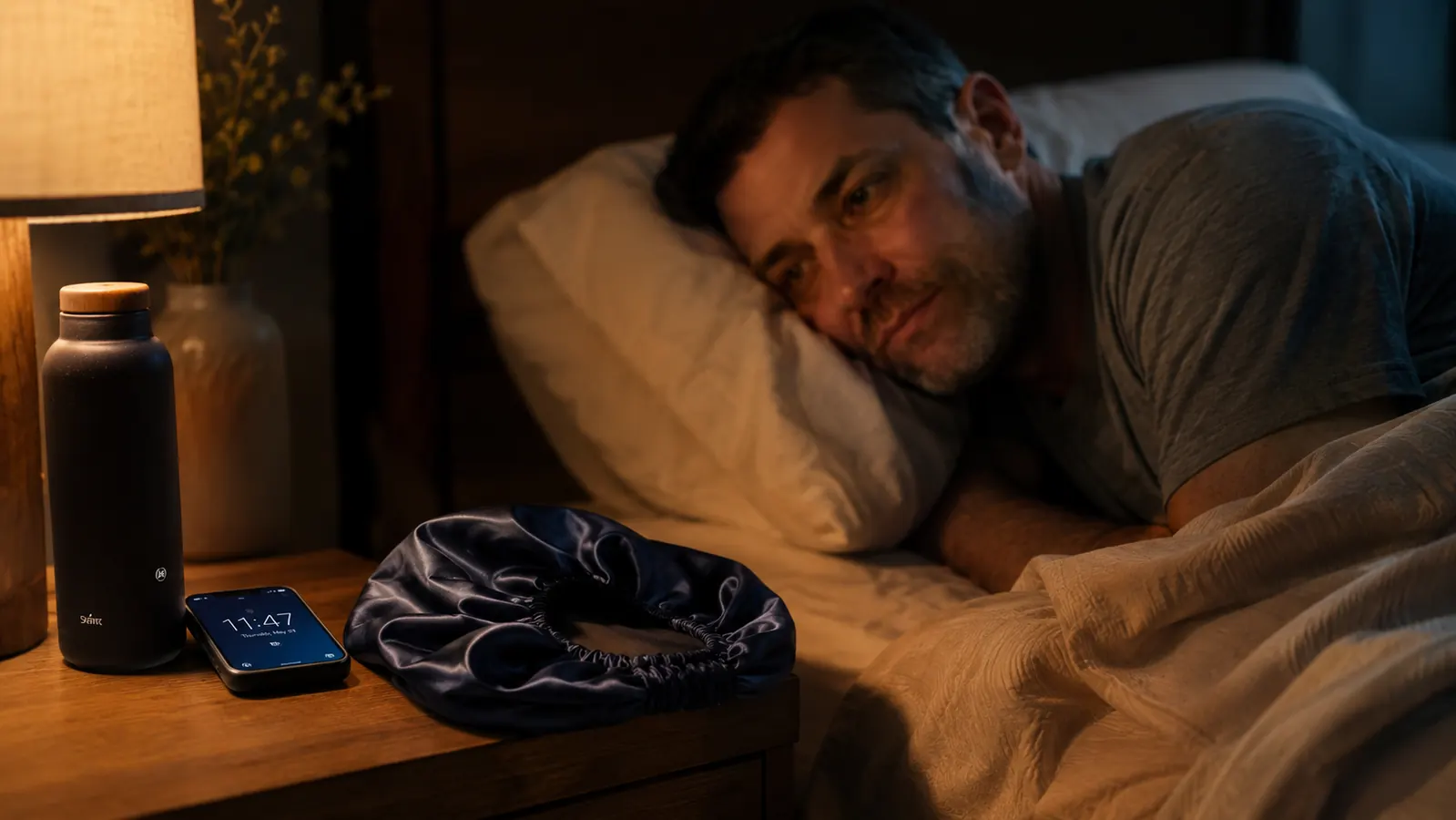 A satin bonnet with slightly loosened elastic band resting on a nightstand next to a phone showing the time as late night