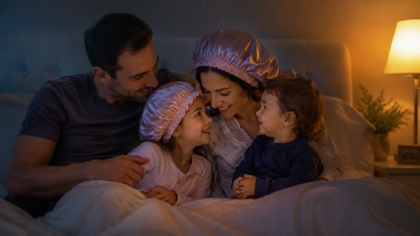Mother and young daughter sitting on a bed together, both wearing matching satin bonnets, laughing