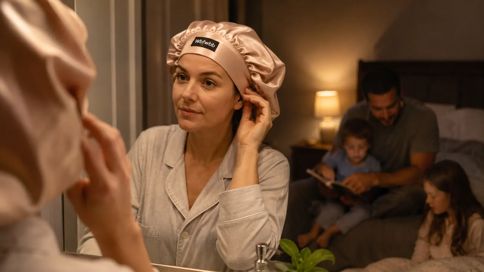 Woman adjusting the wide elastic band of a satin bonnet in a bathroom mirror before bed