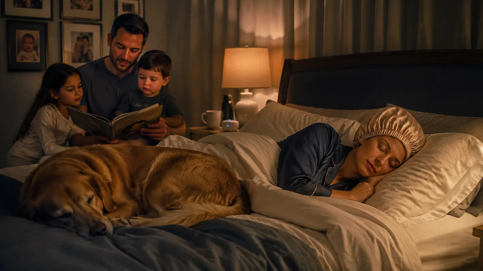 Woman asleep on her side wearing a satin bonnet, quiet bedroom, dog curled up at the foot of the bed